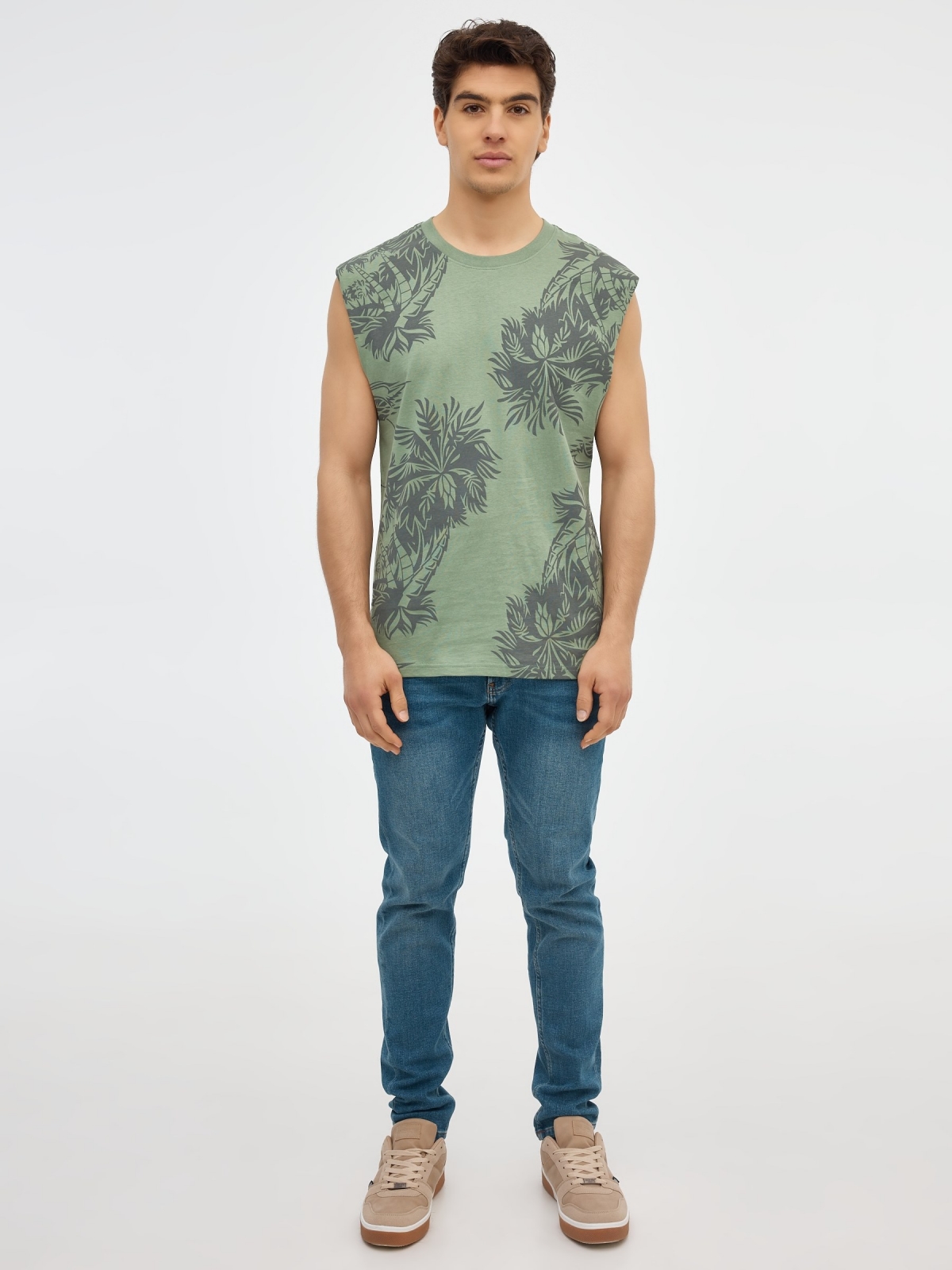 T-shirt print sem mangas verde oliva vista geral frontal