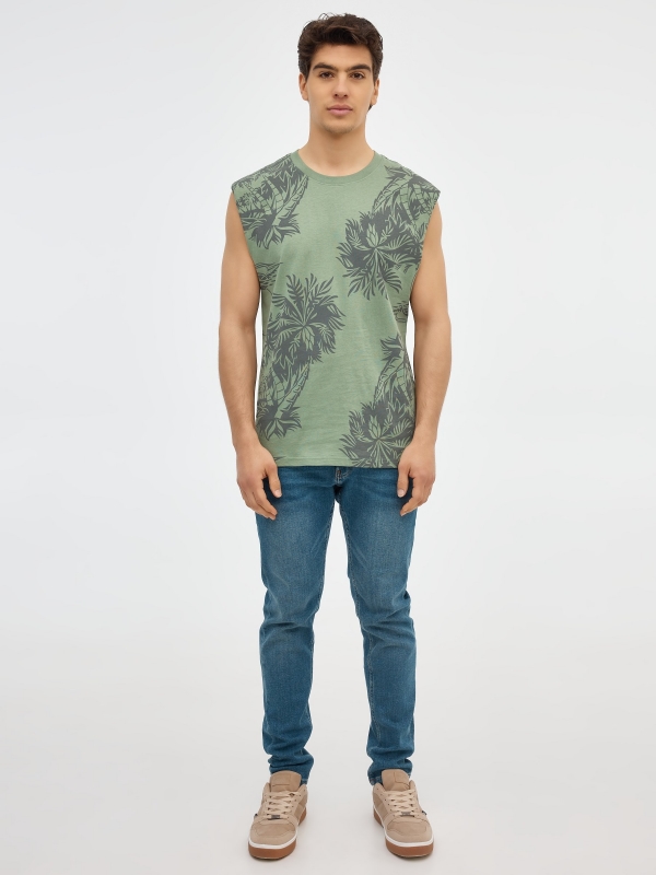 T-shirt print sem mangas verde oliva vista geral frontal