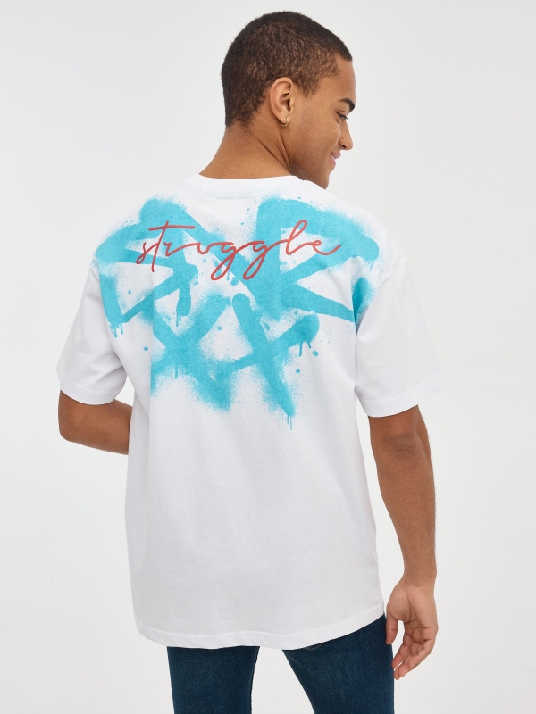 Blue graffiti t-shirt white middle back view