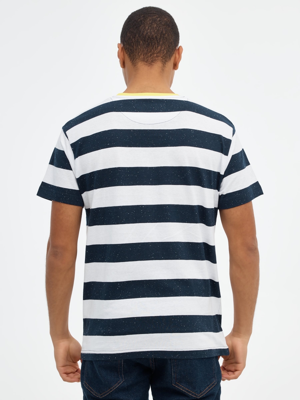 Striped T-shirt with collar navy middle back view