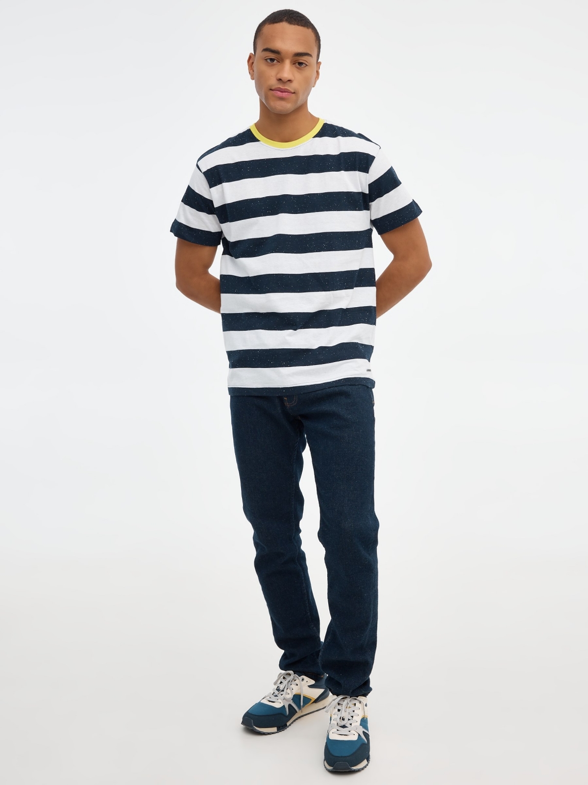 Striped T-shirt with collar navy front view