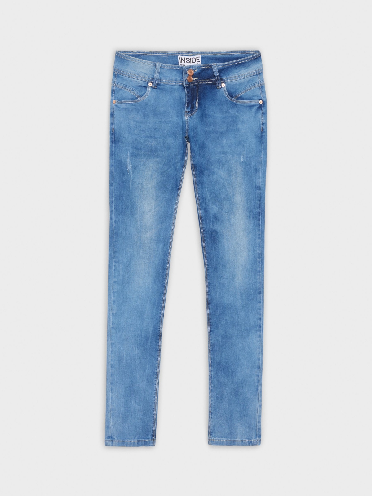  Jeans skinny cintura baixa e efeito lavado azul