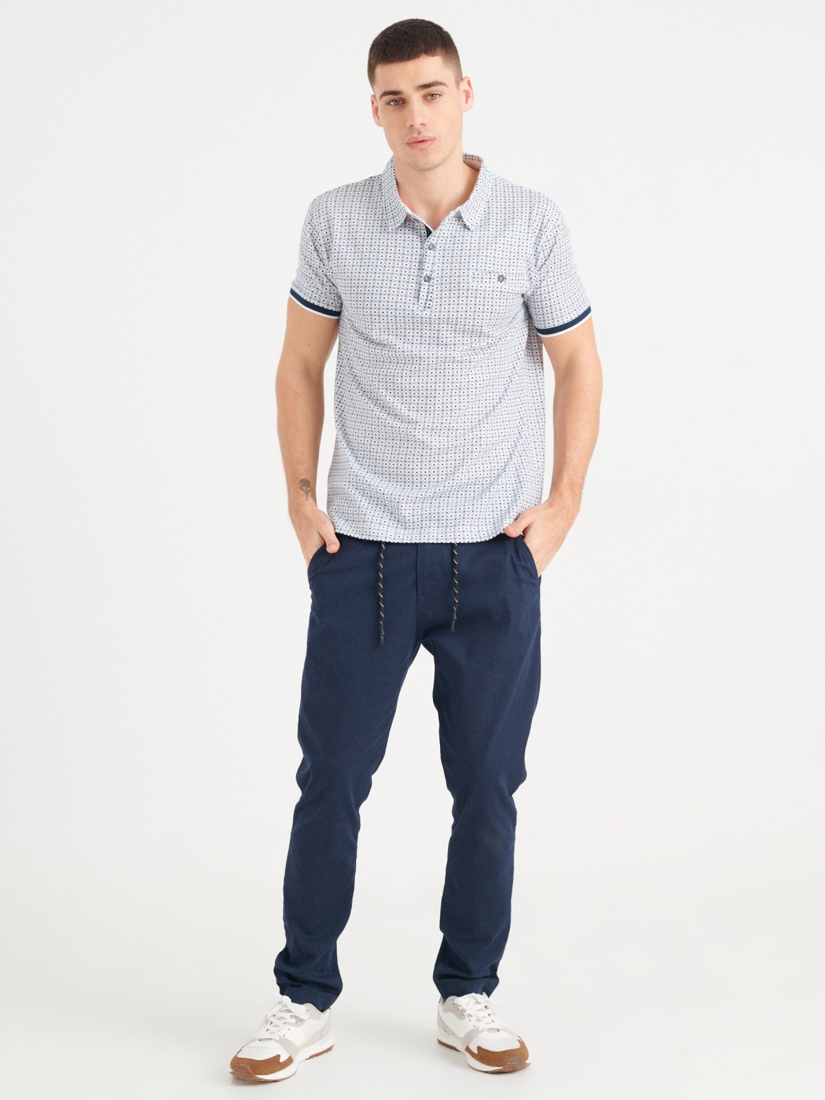 Jacquard polo shirt with pocket navy front view