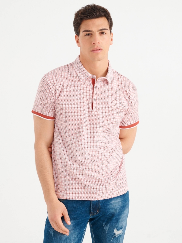 Jacquard polo shirt with pocket orangish red middle front view
