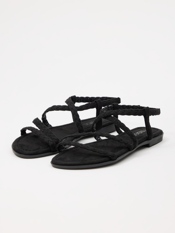 Braided straps sandal black 45º front view