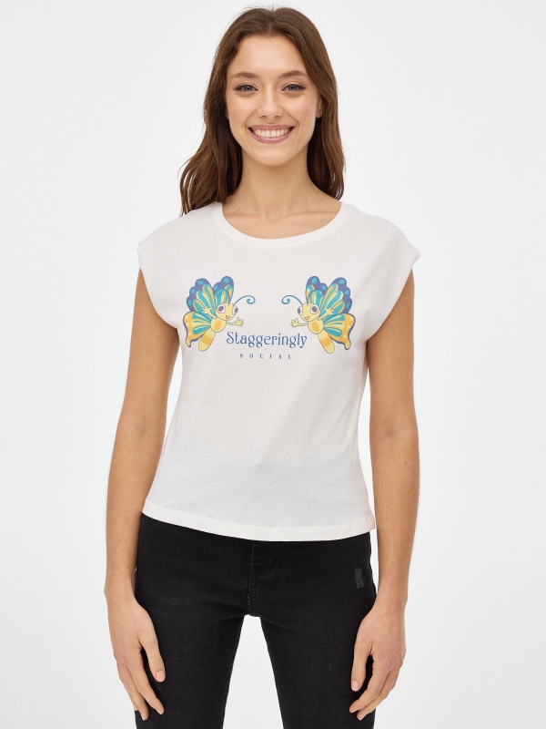 Camiseta estampado mariposas blanco roto vista media frontal