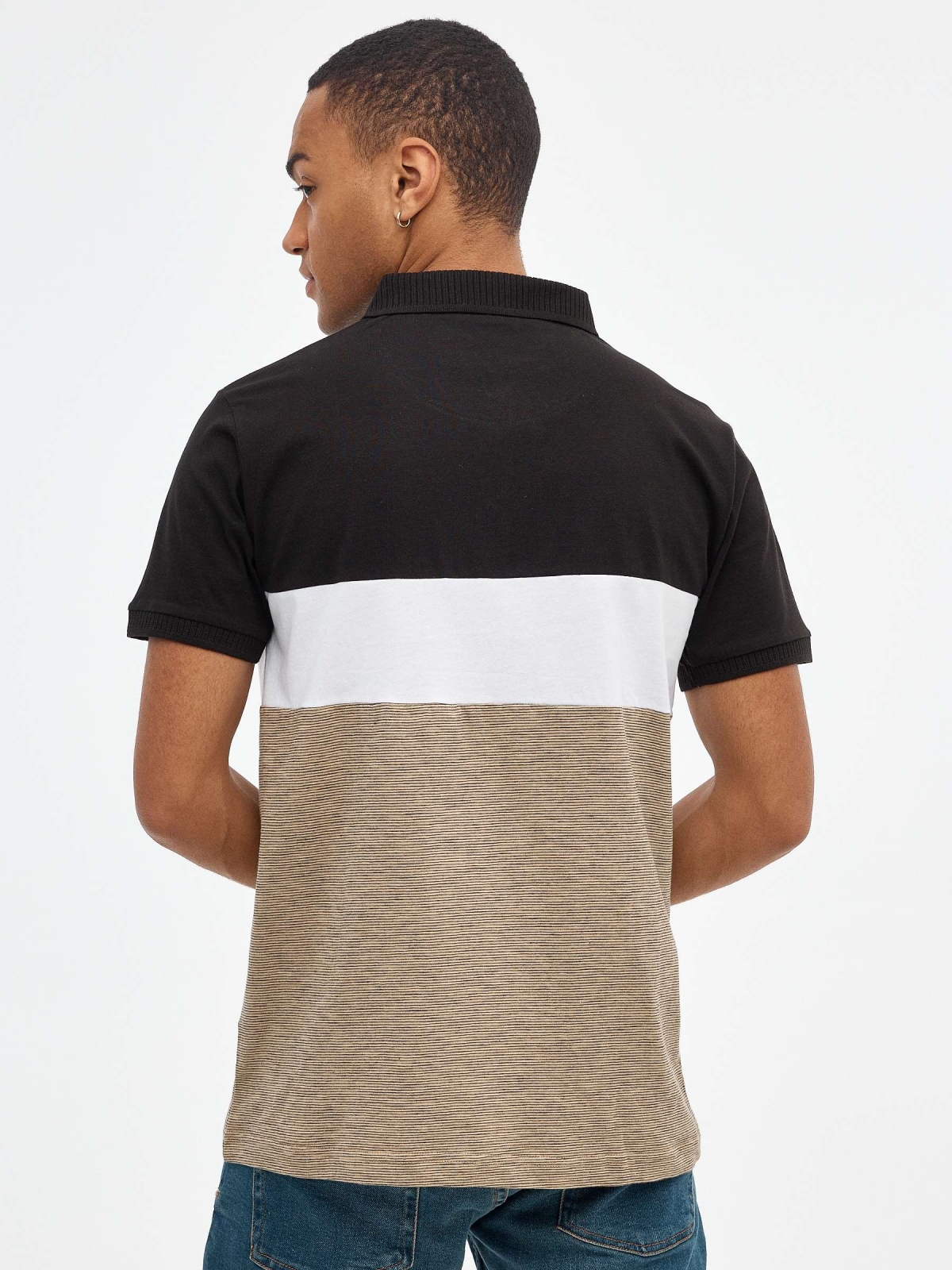 Color block striped polo shirt beige middle back view