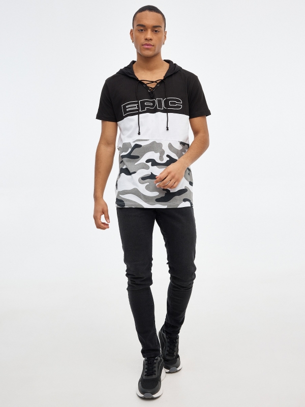 Camouflage print hooded t-shirt black front view