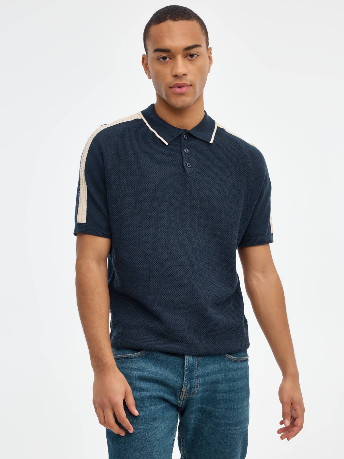 Colorblock knitted polo shirt navy middle front view