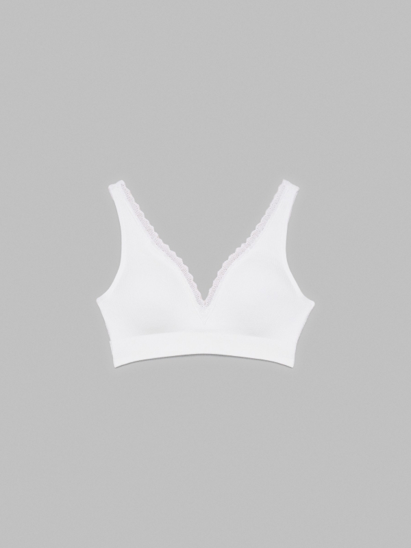Rib bra with white lace white middle back view