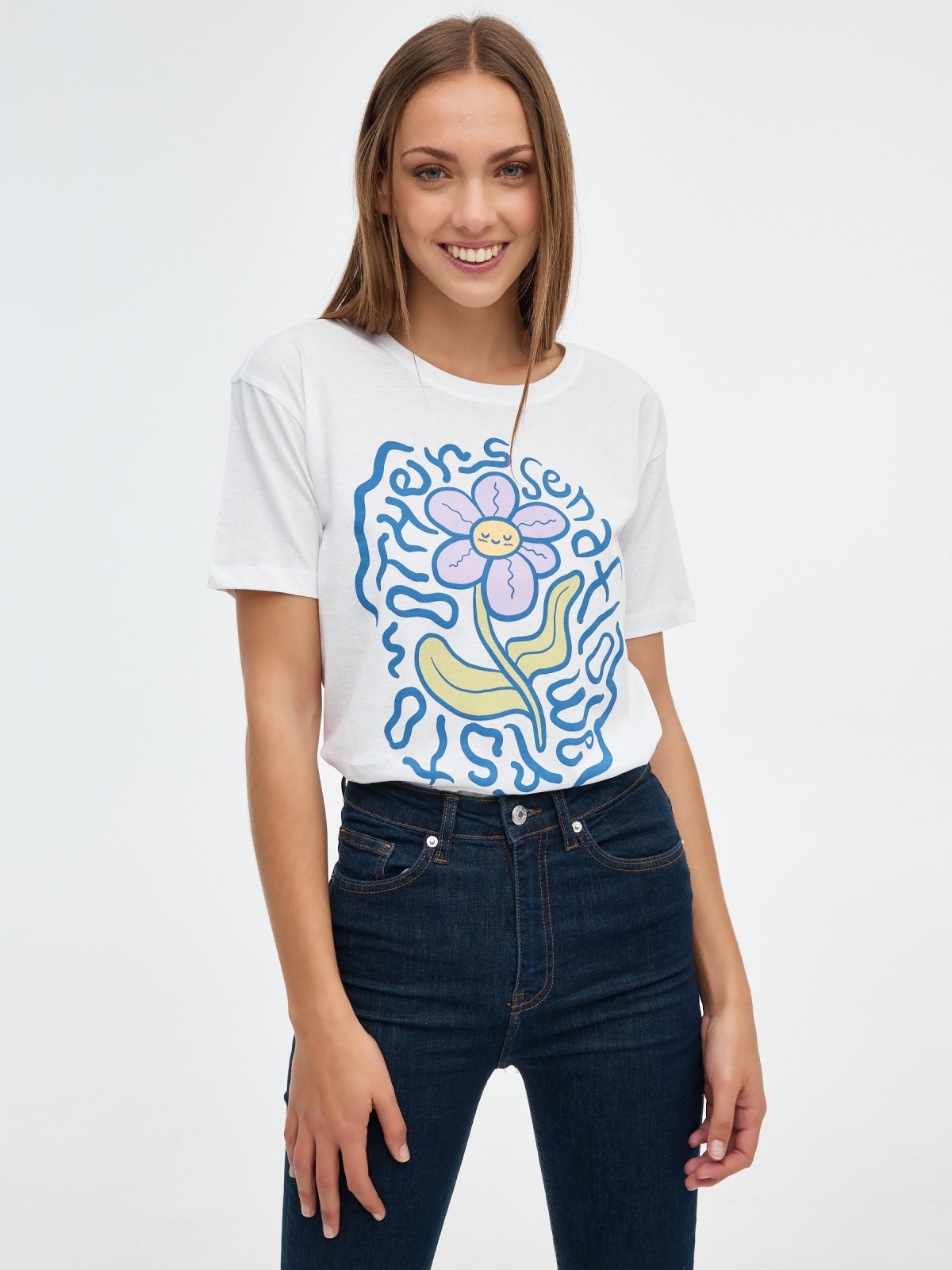 T-shirt de impressão de flores branco vista meia frontal
