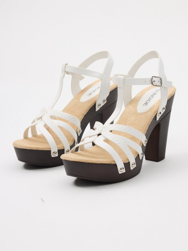 Platform sandal with high heel and straps white 45º front view