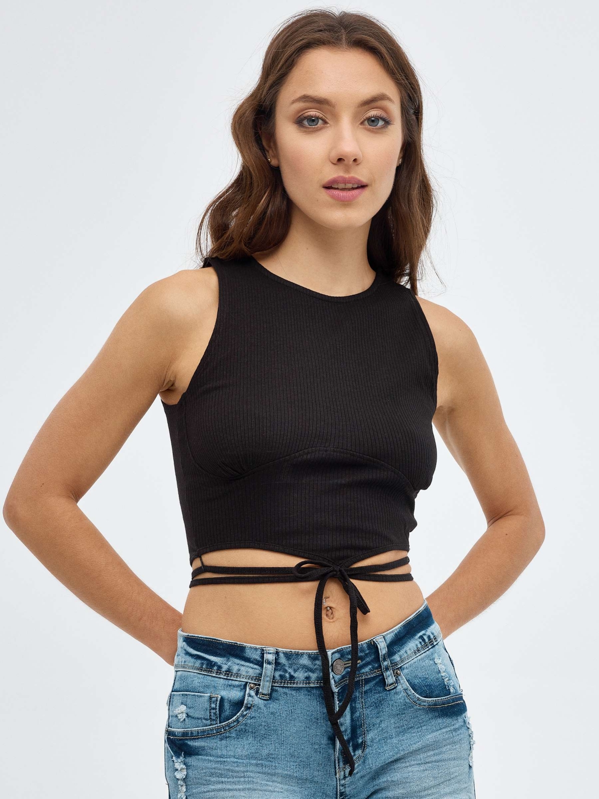 Satin T-shirt with straps black middle front view