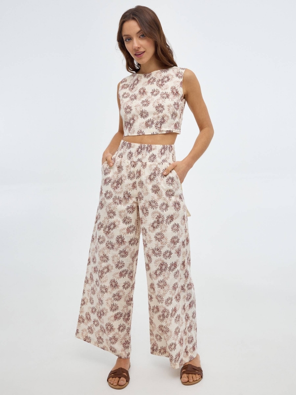 Wide leg print trousers sand front view