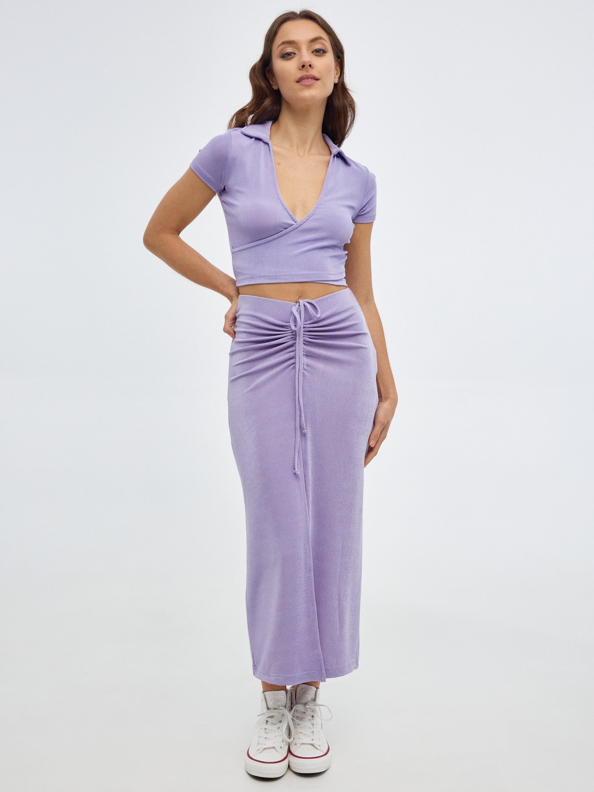 Midi knitted skirt with slit mauve middle front view