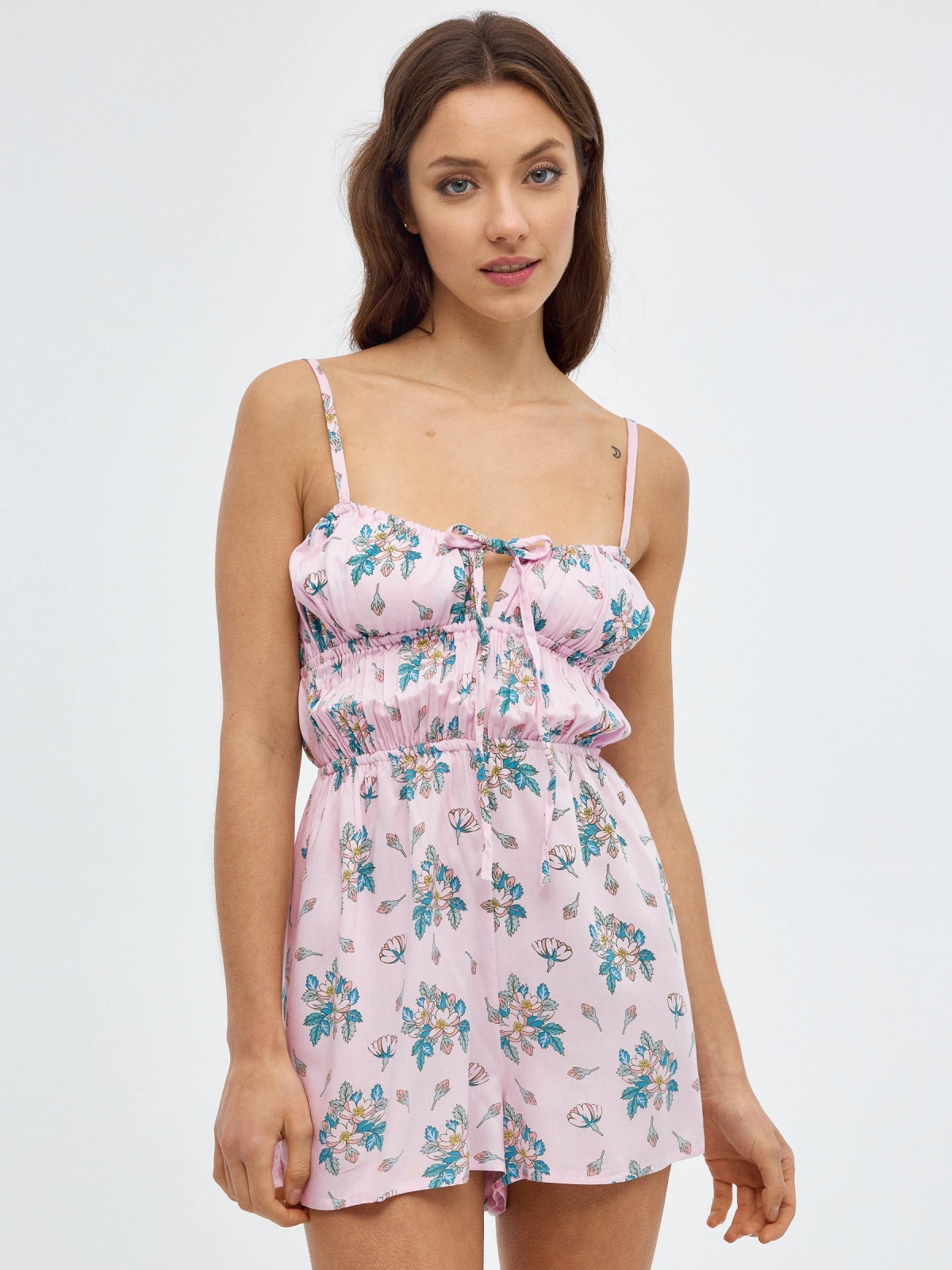 Printed short strapless jumpsuit light pink front view