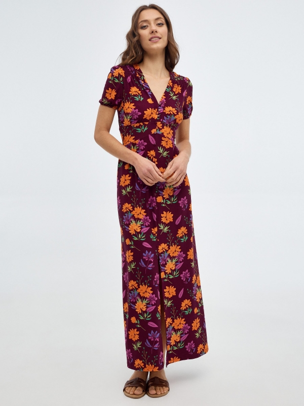 Flower print maxi dress aubergine middle front view