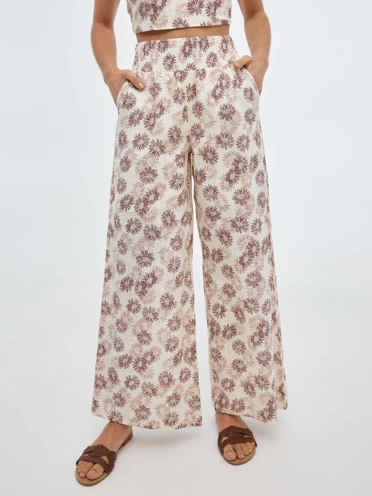 Wide leg print trousers sand middle front view