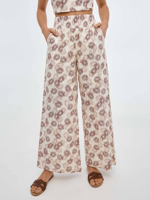 Wide leg print trousers sand middle front view
