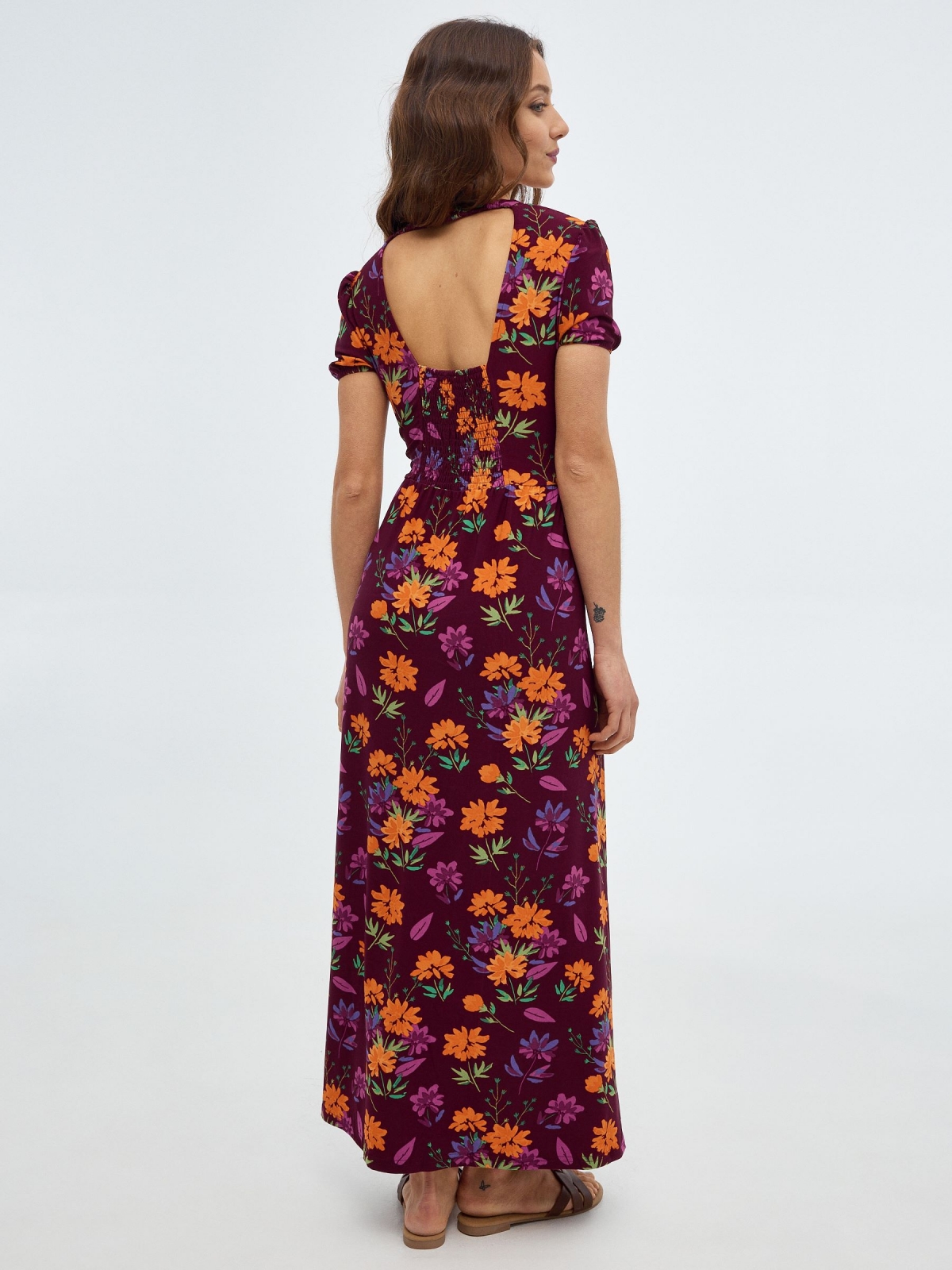 Flower print maxi dress aubergine middle back view