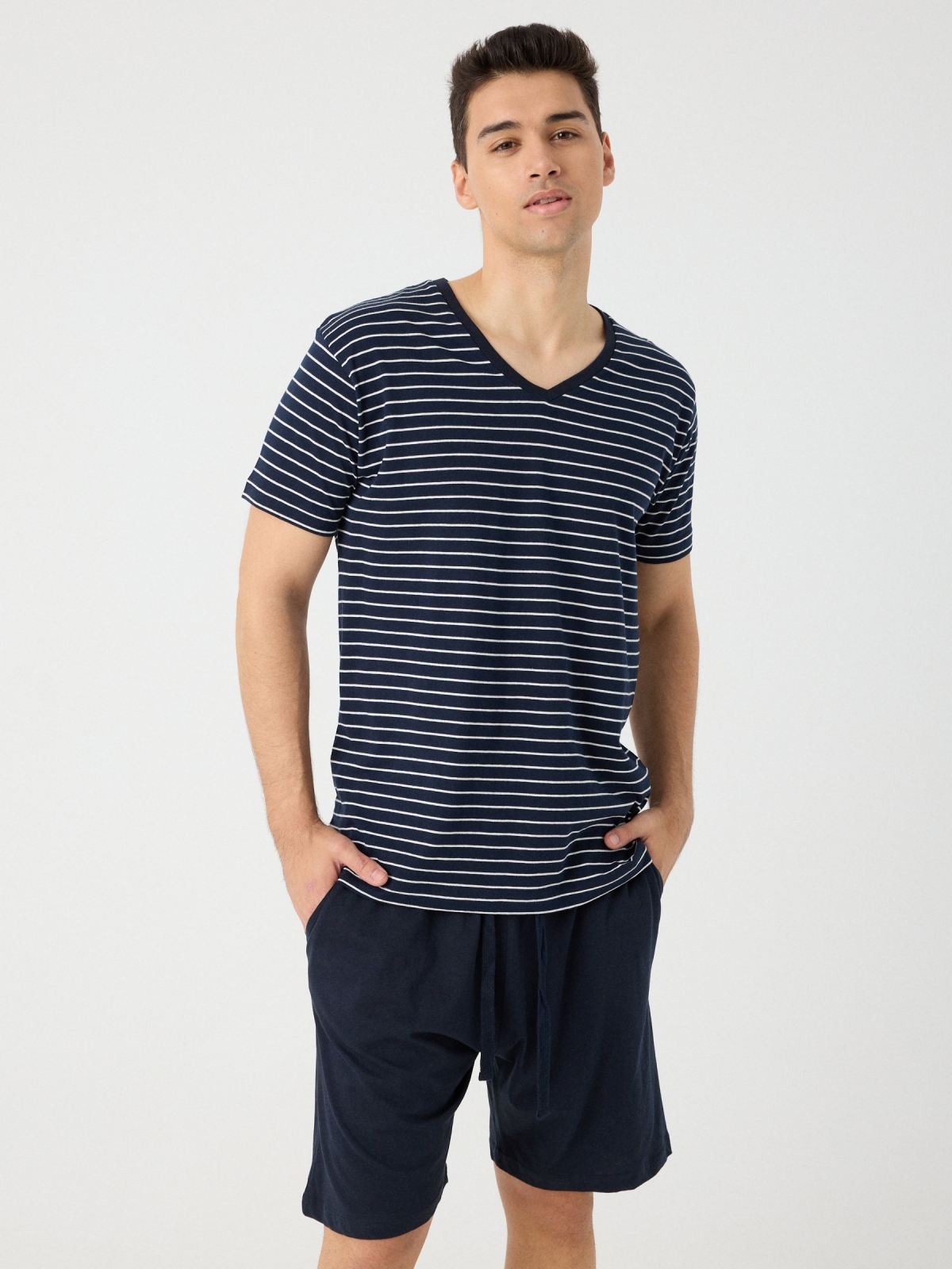 Short striped print pajamas navy middle front view