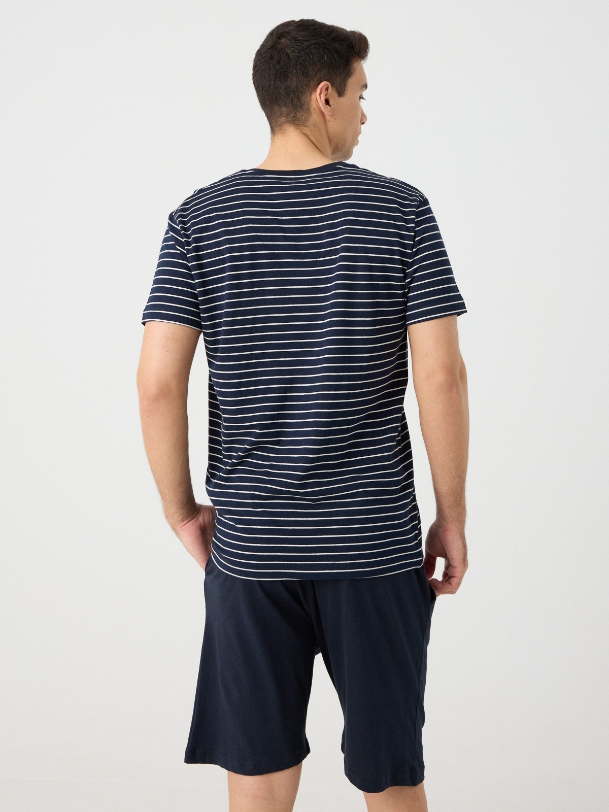 Short striped print pajamas navy middle back view