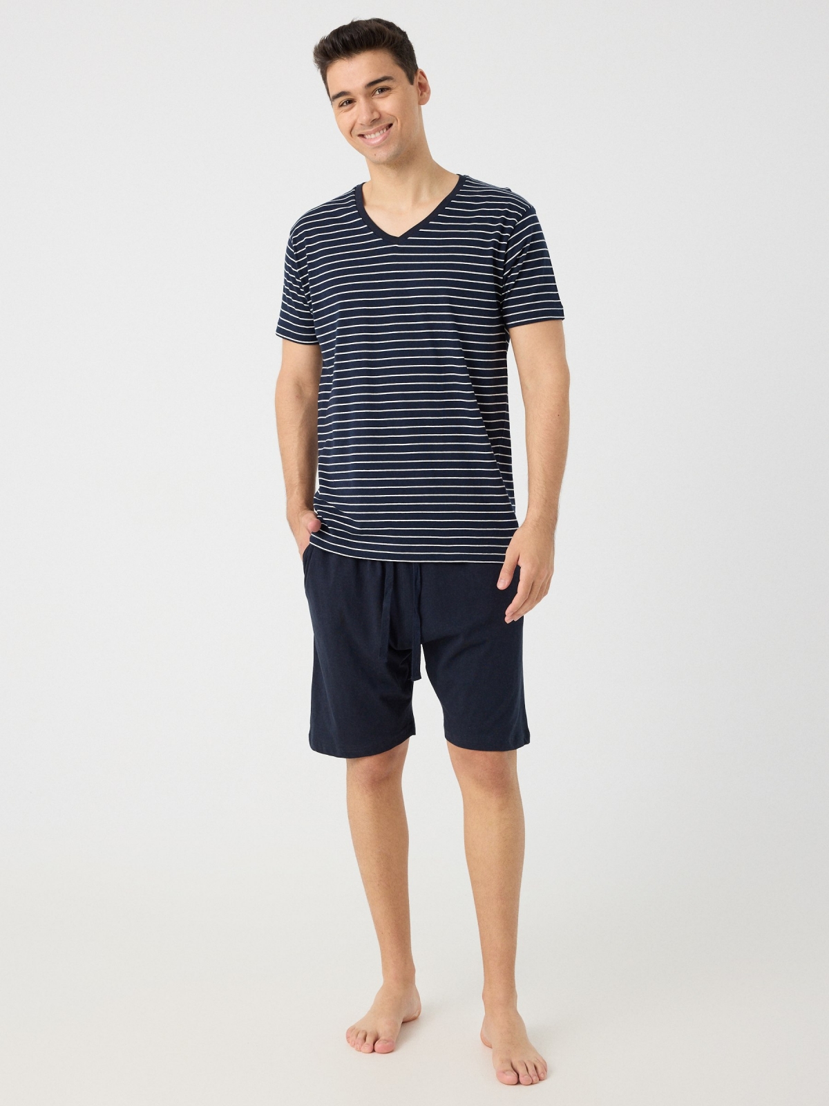Short striped print pajamas navy front view