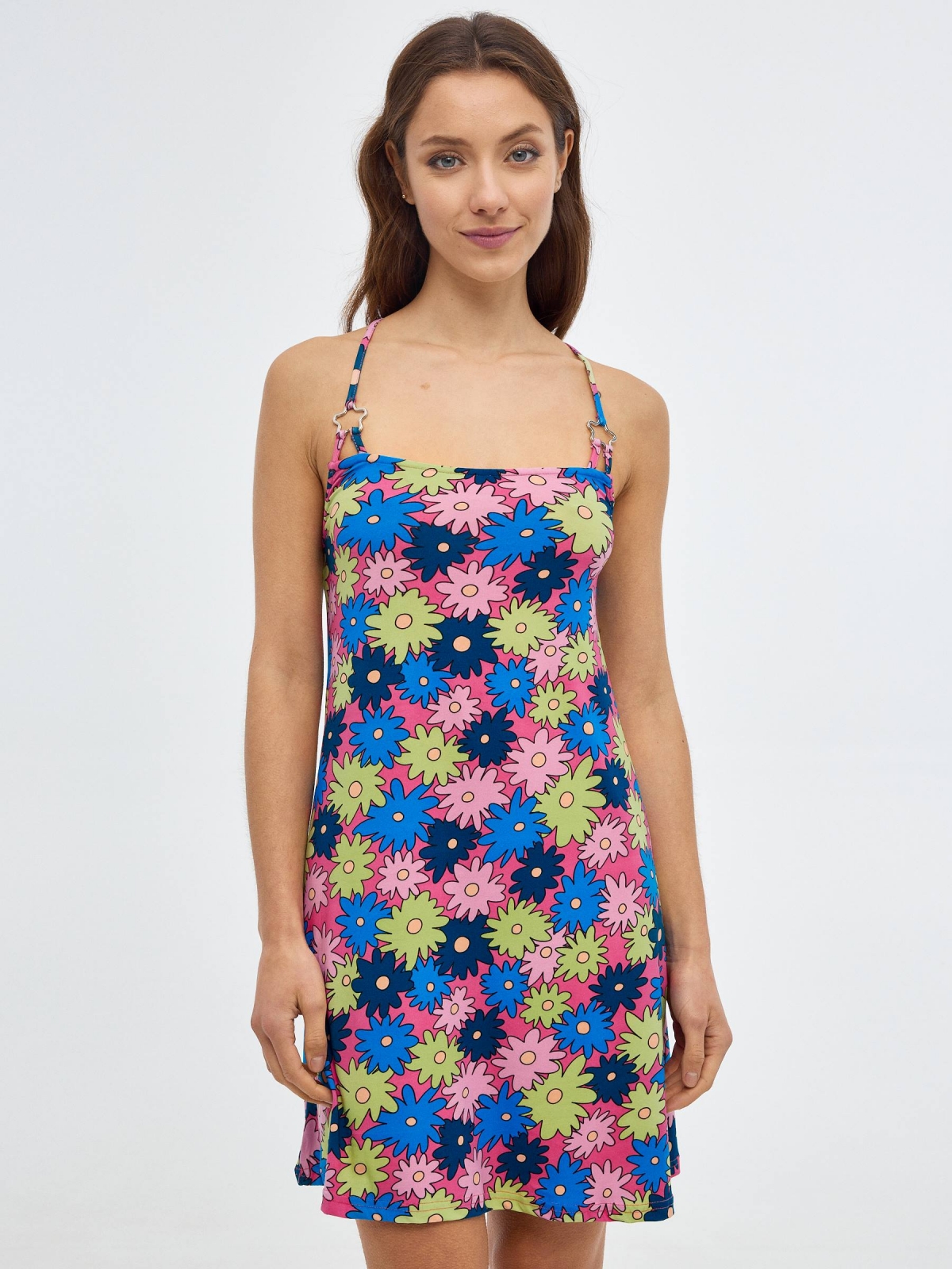 Mini print dress with buckles bubblegum pink middle front view