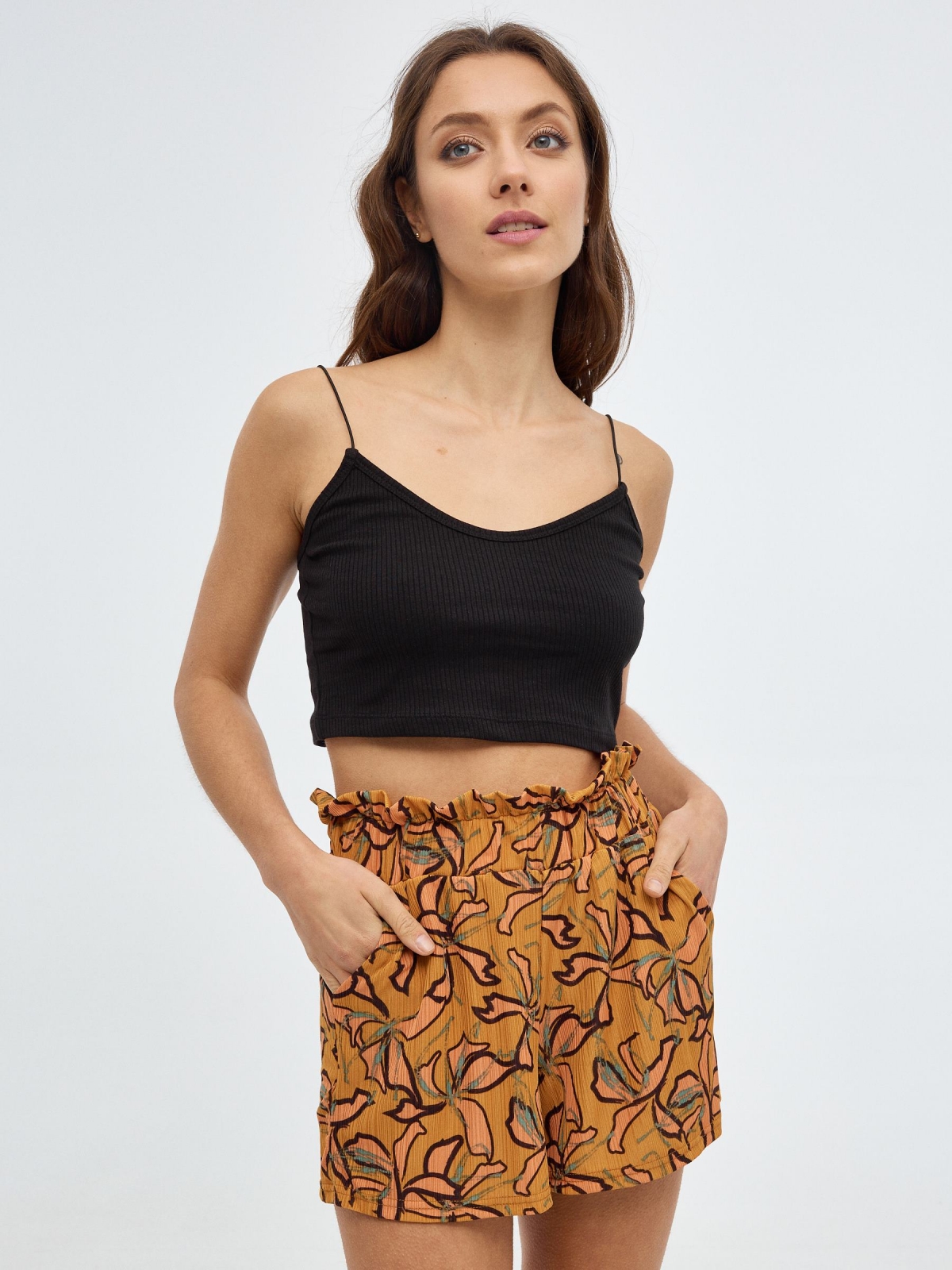 Fluid print shorts ochre middle front view
