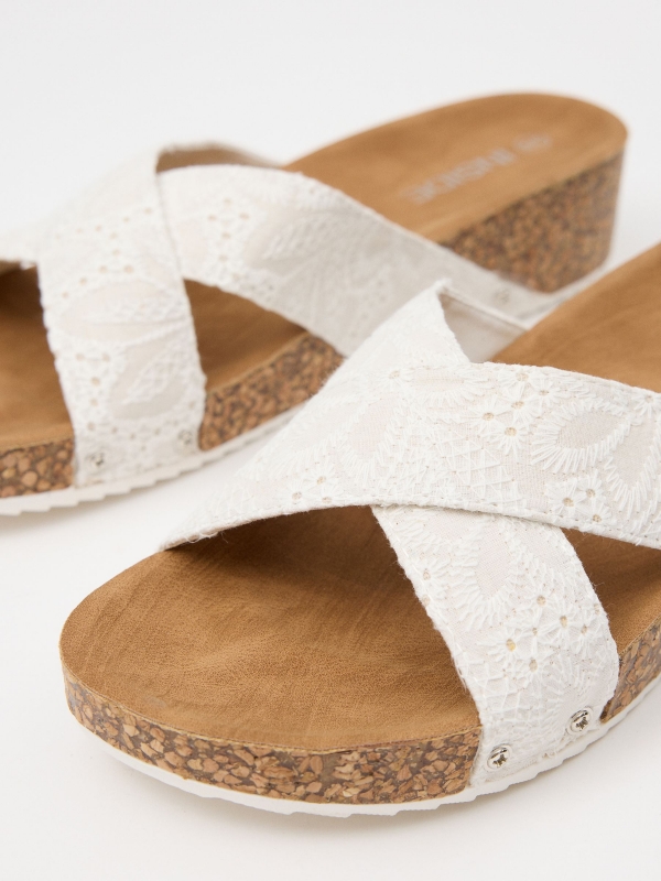 Wedge with embroidered cross straps off white detail view
