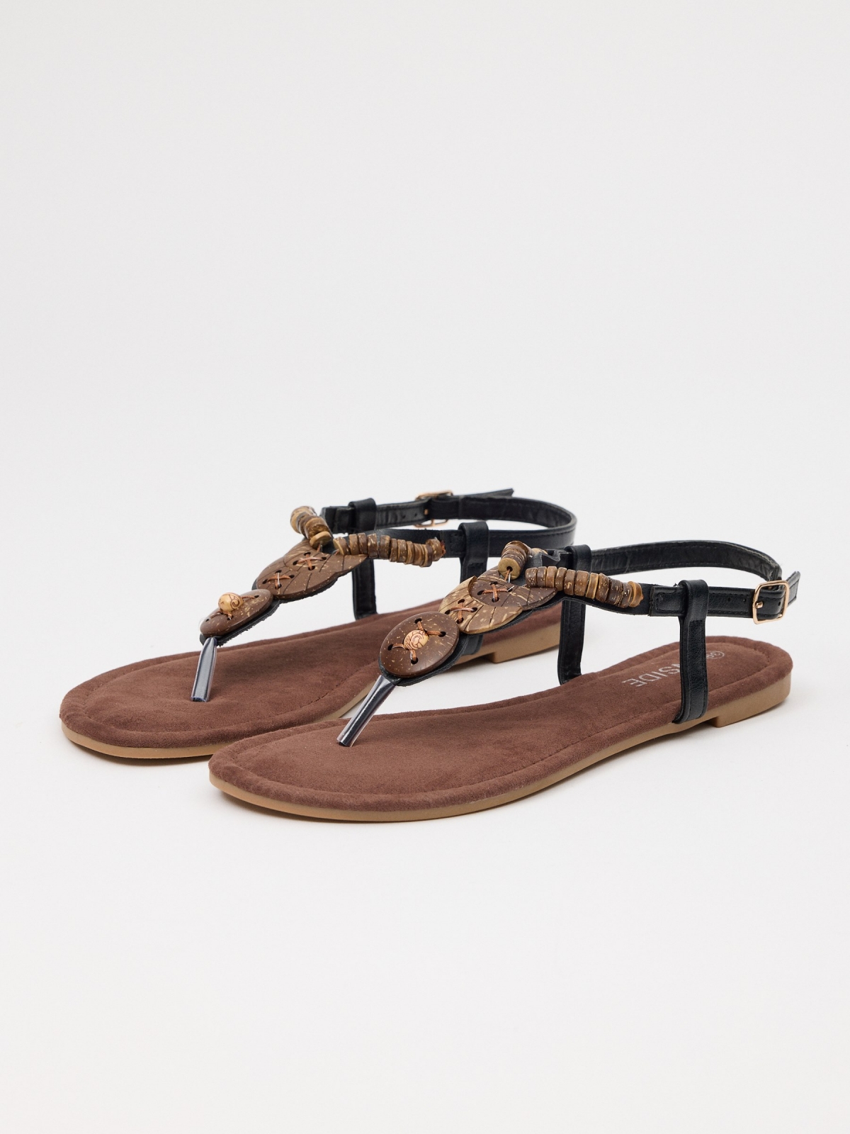 Ethnic toe sandal with beads dark brown 45º front view