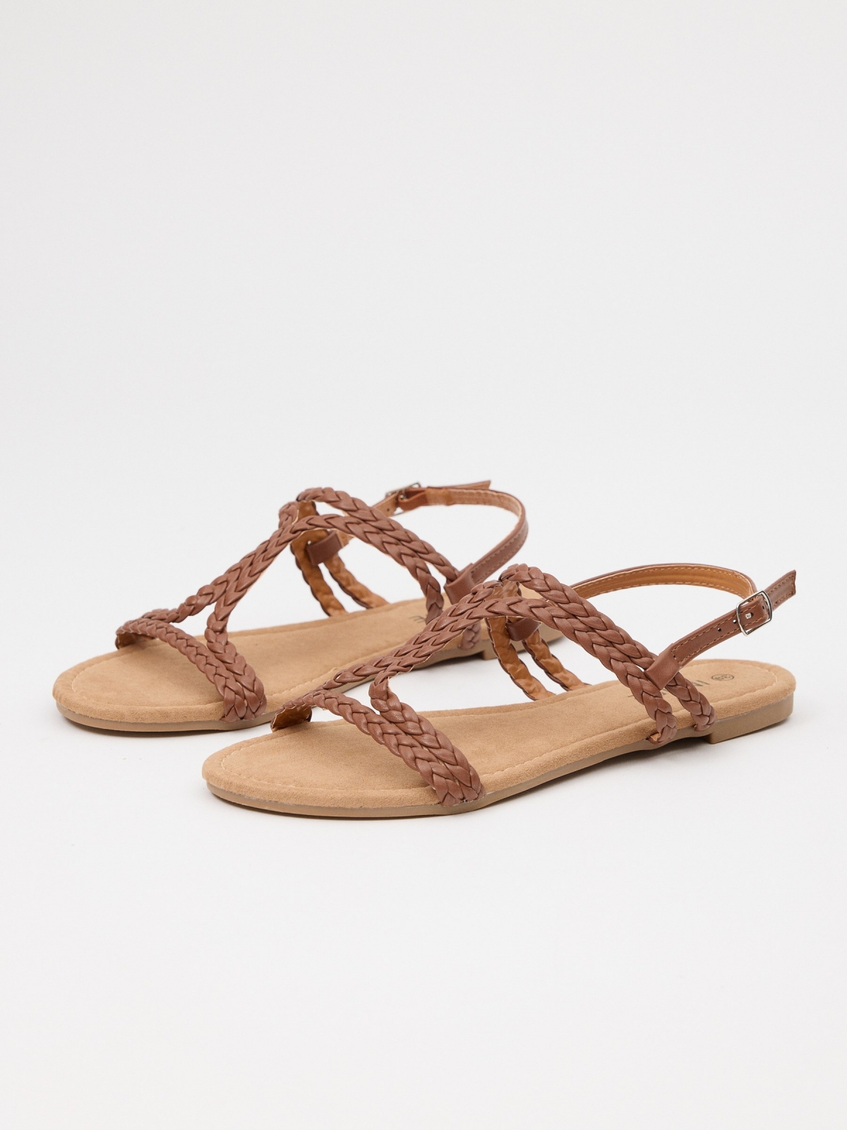Sandals with crossed braided straps earth brown 45º front view