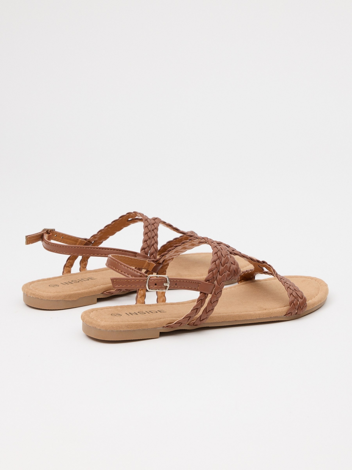 Sandals with crossed braided straps earth brown 45º back view