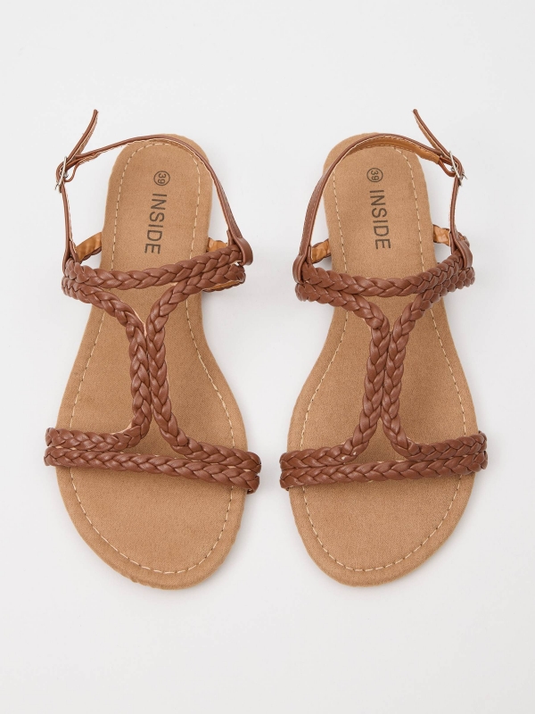 Sandals with crossed braided straps earth brown lateral view