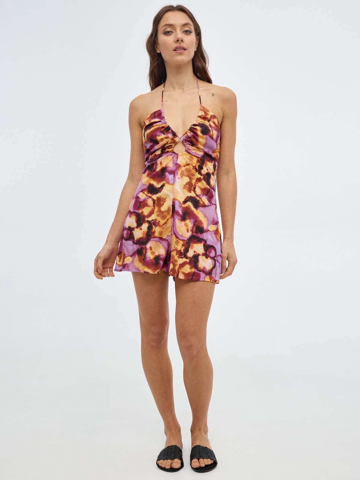 Printed cut out short jumpsuit fuchsia middle back view