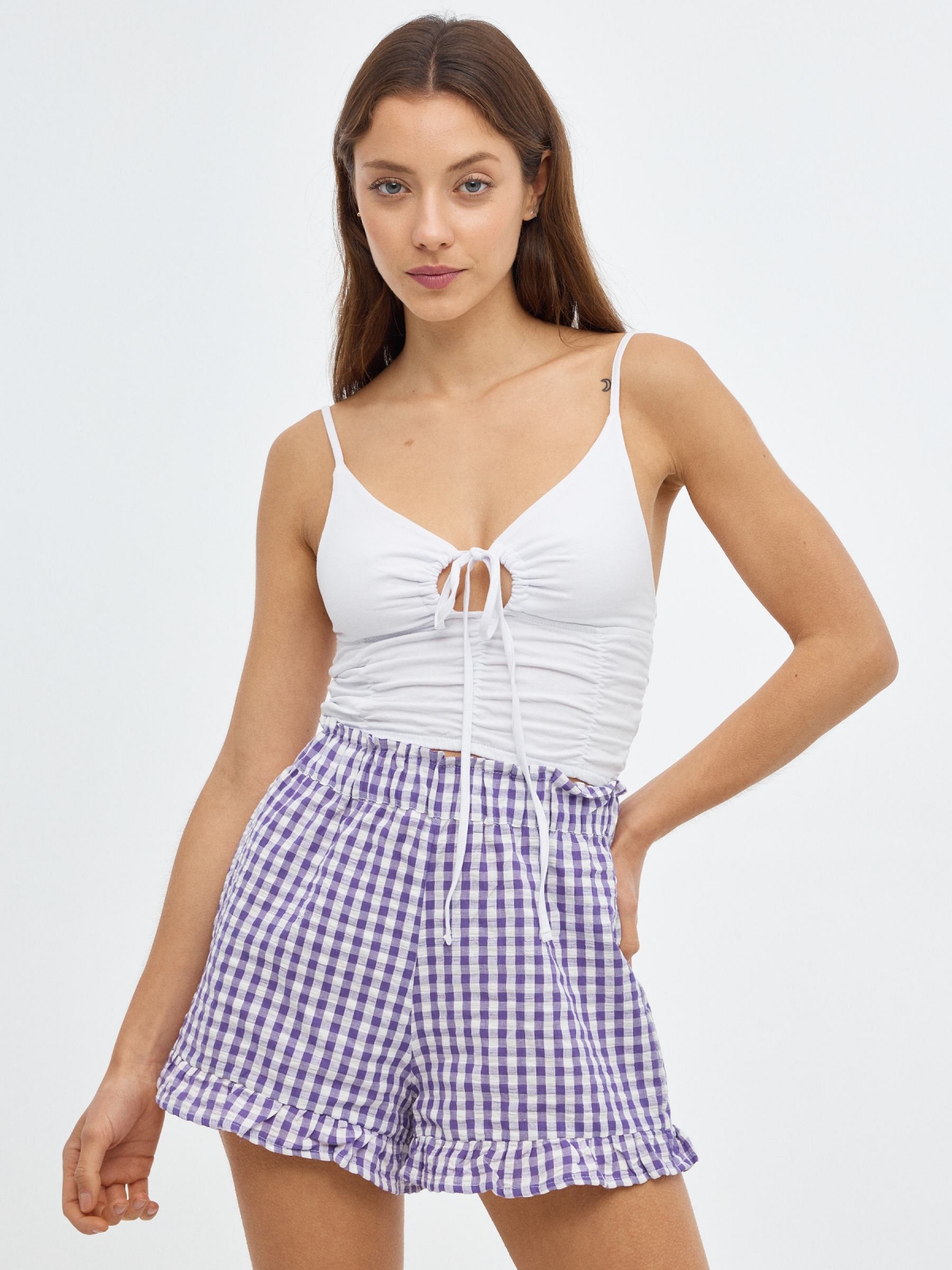 Ruffled vichy shorts mauve middle front view