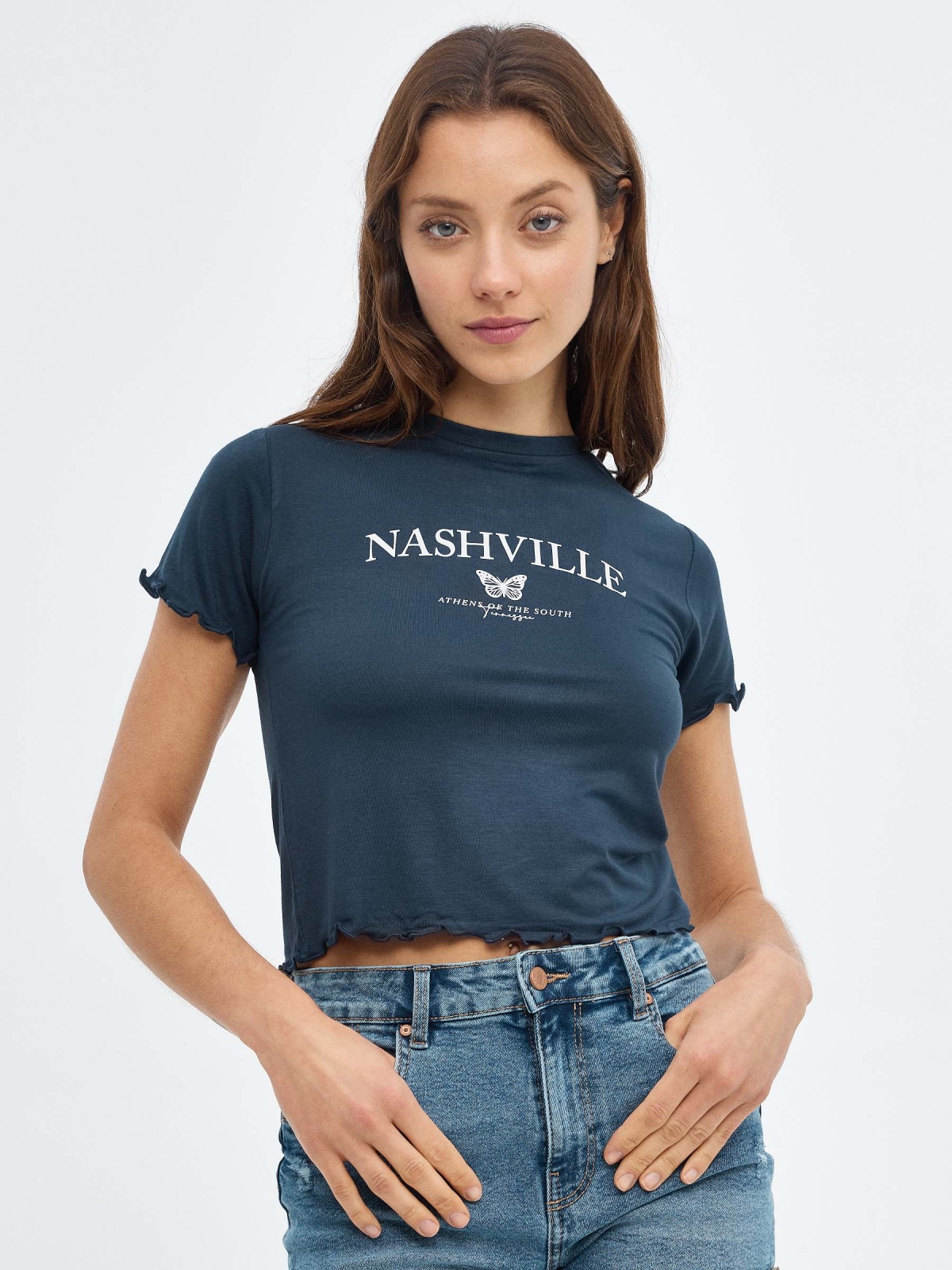 Camiseta crop curly Nashville azul marino vista media frontal