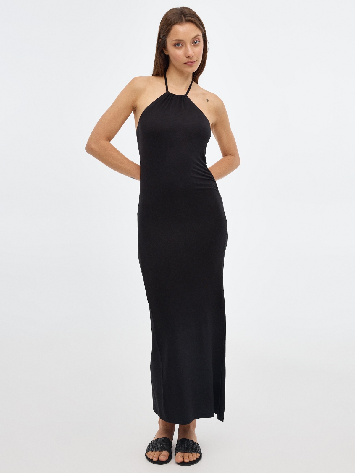 Halter midi dress with slit black middle front view