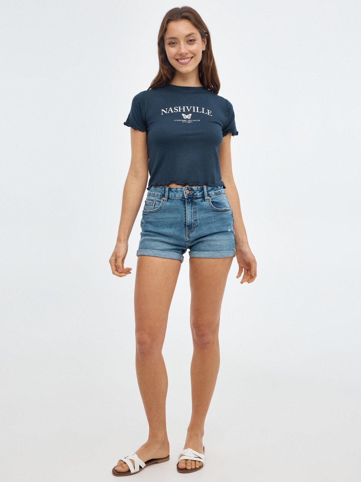 Camiseta crop curly Nashville azul marino vista general frontal