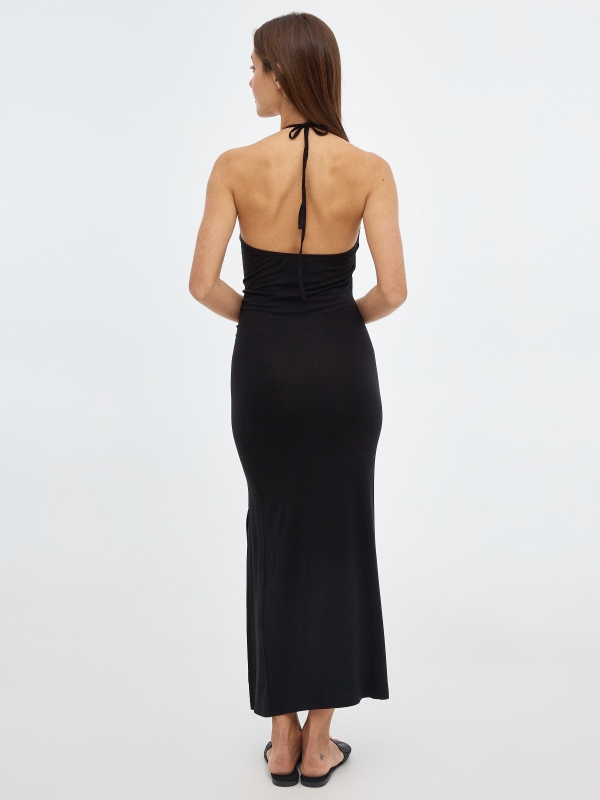 Halter midi dress with slit black middle back view
