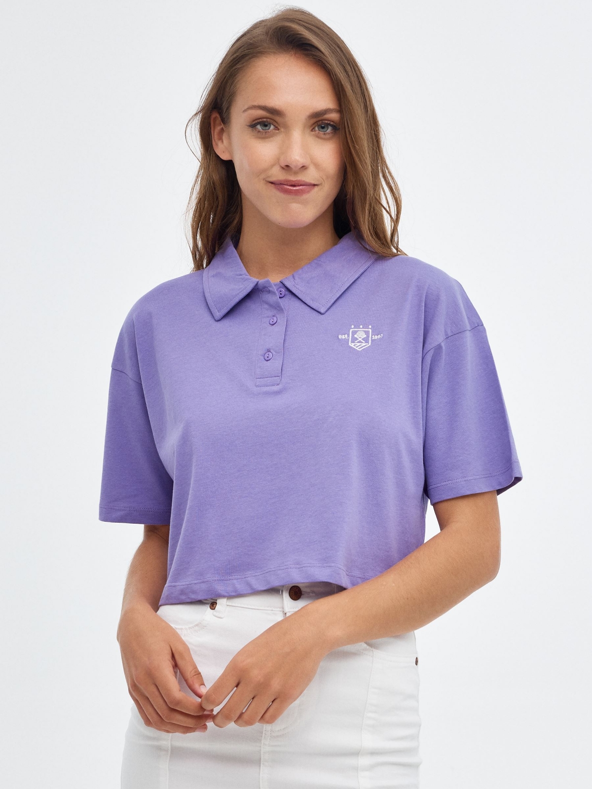 Embroidered polo shirt lilac middle front view