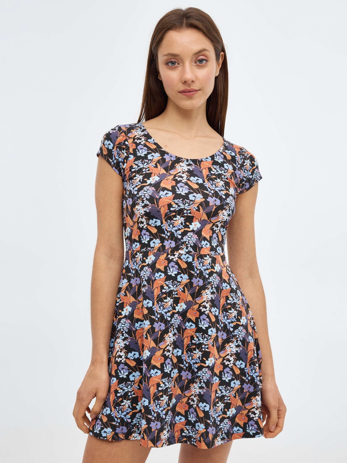 Floral mini dress with hang blue middle front view