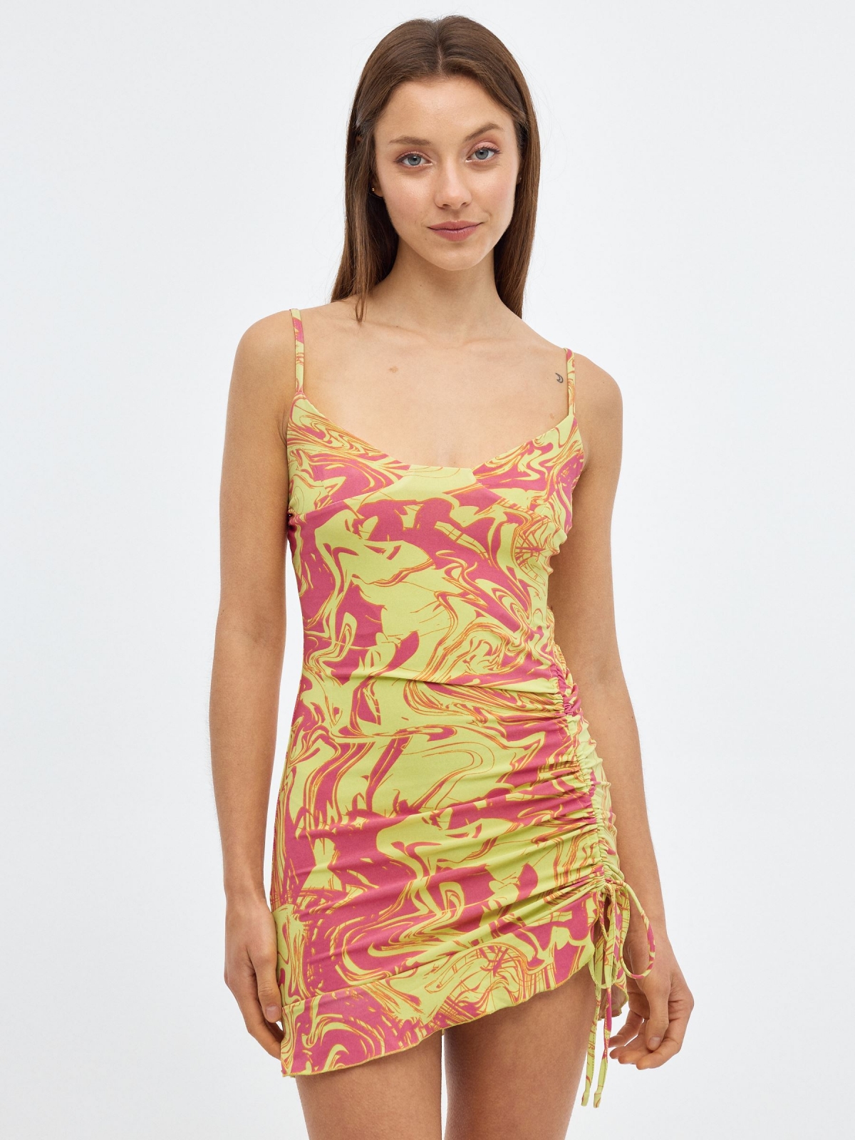 Mini print wave dress coral middle front view