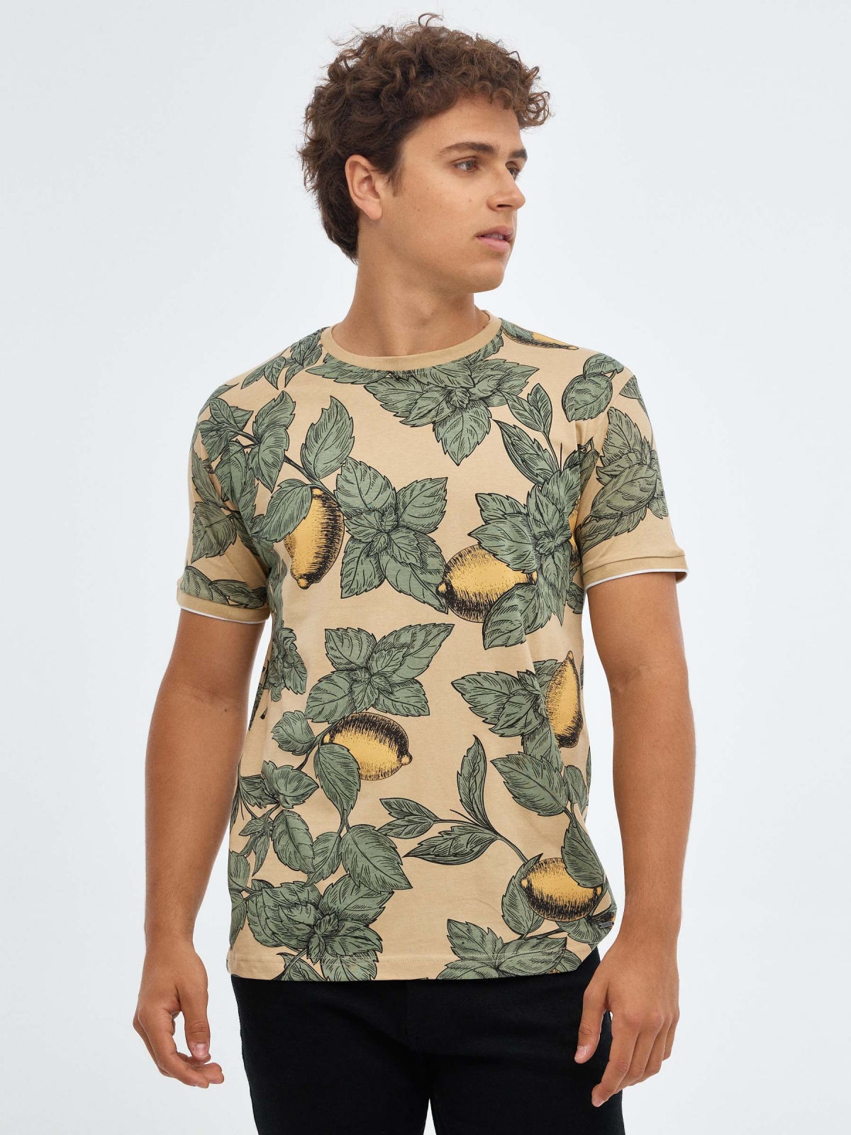 Fruit print t-shirt sand middle front view