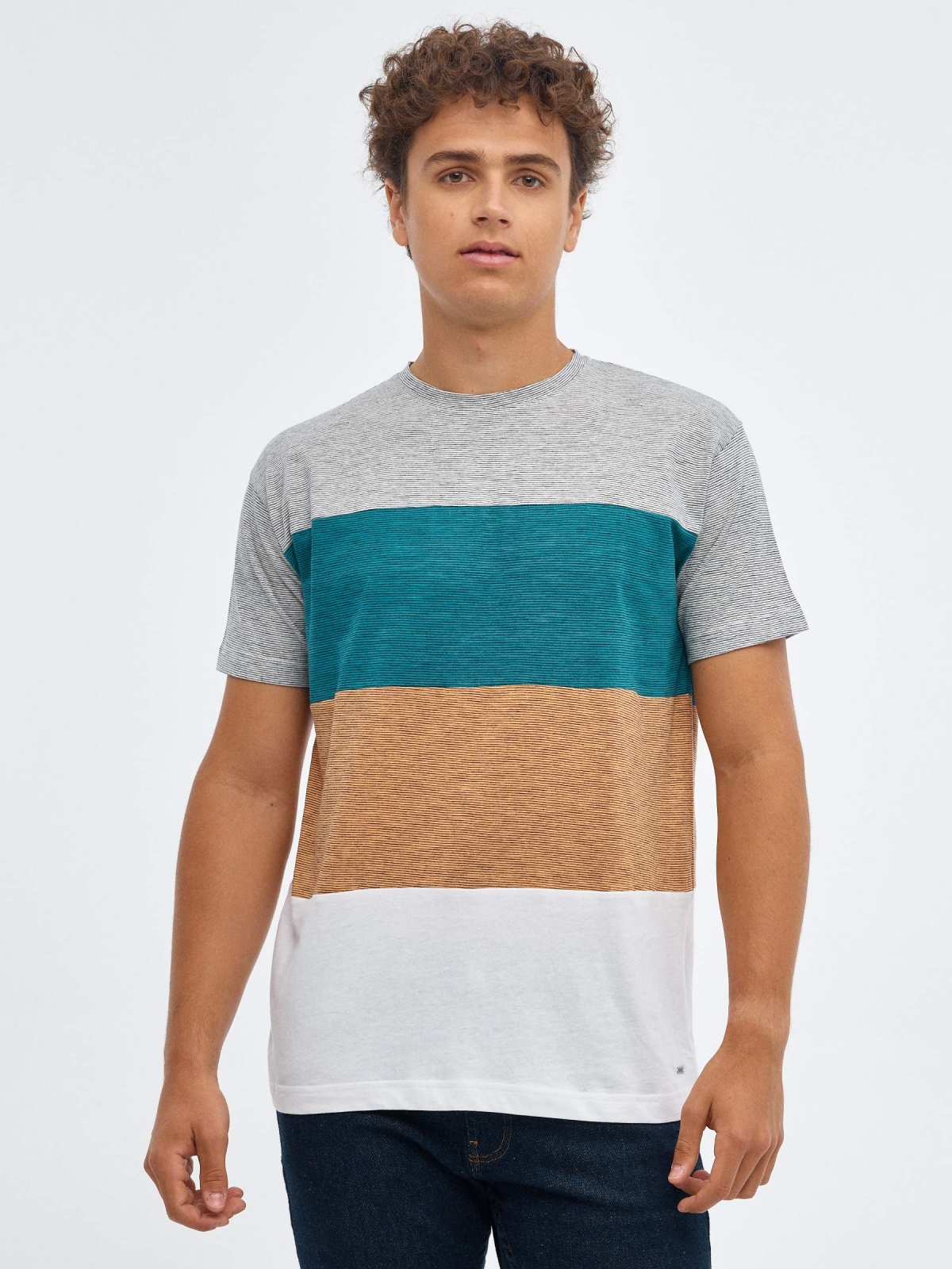 Block coloured striped T-shirt grey middle front view