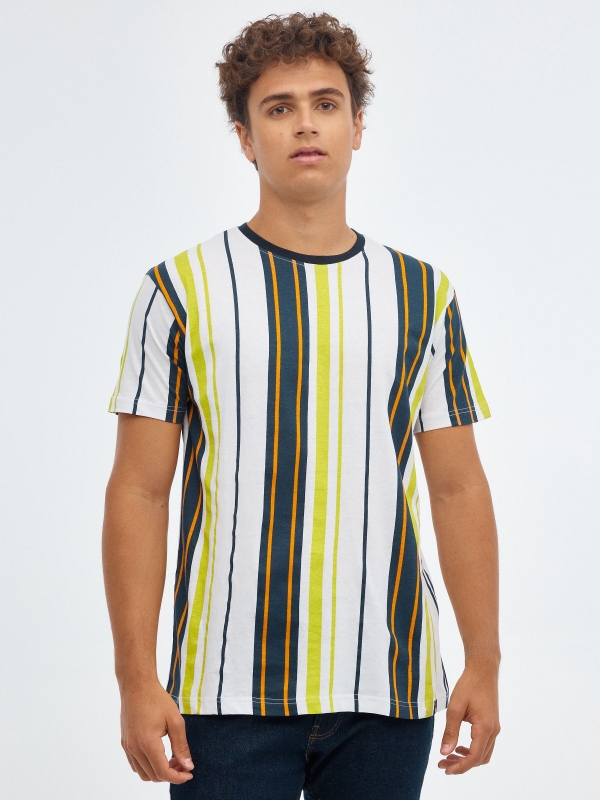 Multicoloured striped T-shirt white middle front view