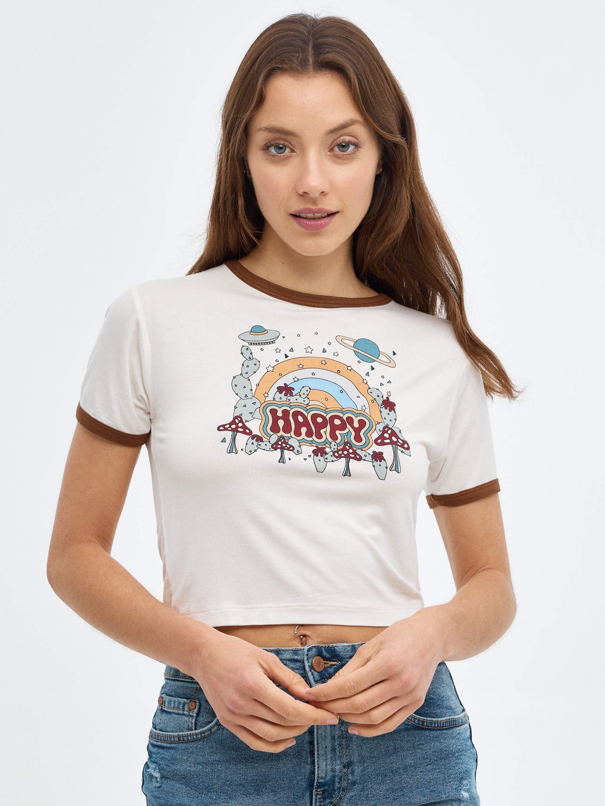 T-shirt crop print Happy off white vista meia frontal