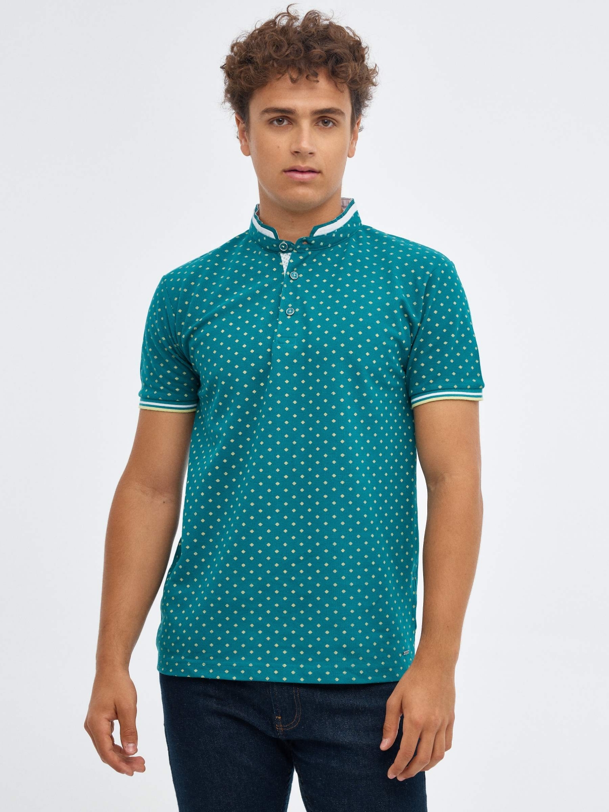 Geometric mao polo shirt emerald middle front view