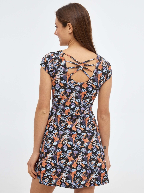 Floral mini dress with hang blue middle back view