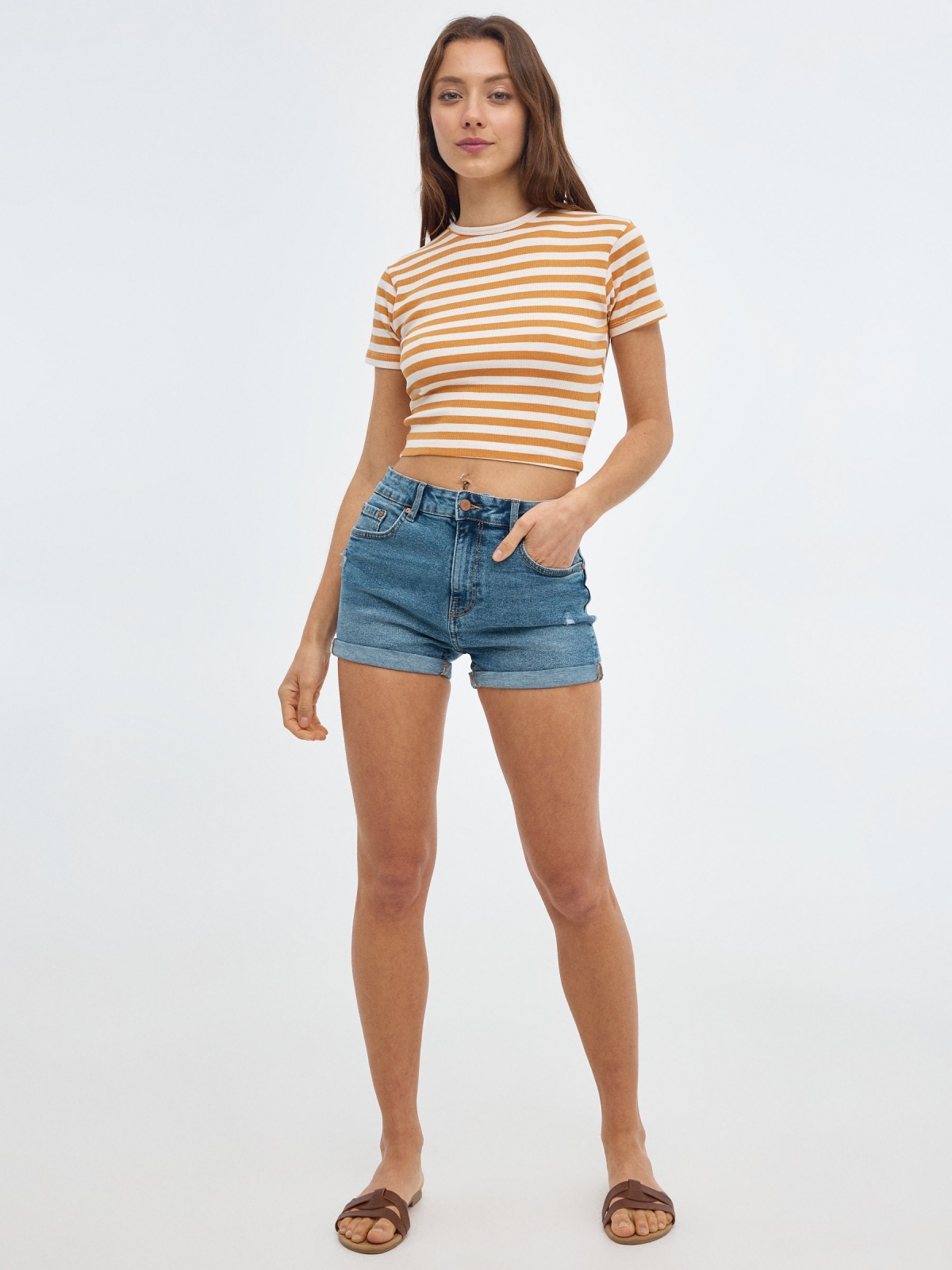 Striped crop top brown front view